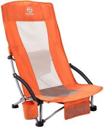 Outdoor Foldable Camp Mesh Chair with a Cup Holder; High Back Low Seat Bench Chair; 600D Oxford Cloth Steel Frame