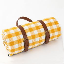 150*200cm Picnic Camping Bay Play Mat Plaid Blanket Moisture-proof Outdoor Picnic Mattress Beach Mat Cushion with Leather Strap (Color: yellow)