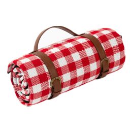 150*200cm Picnic Camping Bay Play Mat Plaid Blanket Moisture-proof Outdoor Picnic Mattress Beach Mat Cushion with Leather Strap (Color: Red)