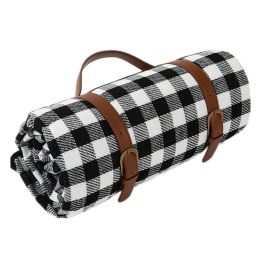 150*200cm Picnic Camping Bay Play Mat Plaid Blanket Moisture-proof Outdoor Picnic Mattress Beach Mat Cushion with Leather Strap (Color: Black)