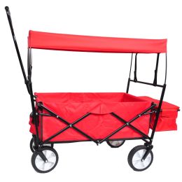 Extra Large Collapsible Garden Cart with Removable Canopy;  Folding Wagon Utility Carts with Wheels and Rear Storage;  Wagon Cart for Garden;  Camping (Color: Red)