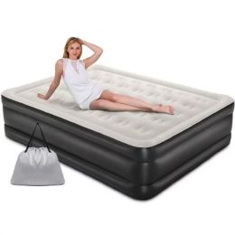 18" Elevated Durable Air Mattresses for Camping; Home&Guests; Fast&Easy Inflation/Deflation Airbed; Black/Blue Double Blow up Bed; Travel Cushion; Ind (Color-Size: black-queen)